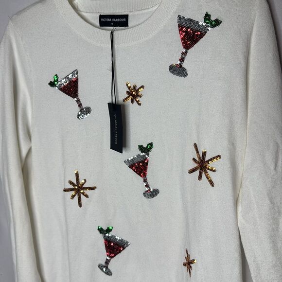 Victoria Harbour Ivory Mock Neck Sequin Martinis Holiday Sweater. Size Medium. - Picture 3 of 8